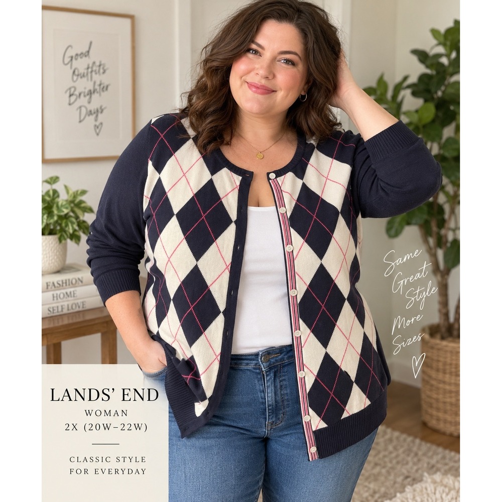 Lands End Argyle Cardigan Sweater Navy Blue Pink Supima Cotton 2X 20W-22W